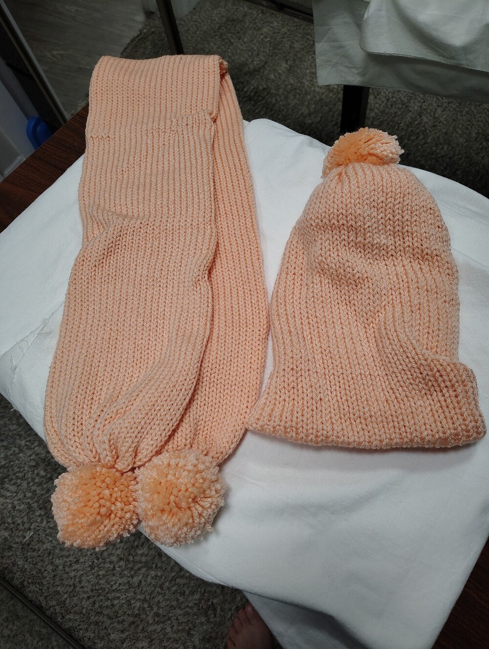 Cozy Peach Knit Pom-Pom Hat & Scarf Set